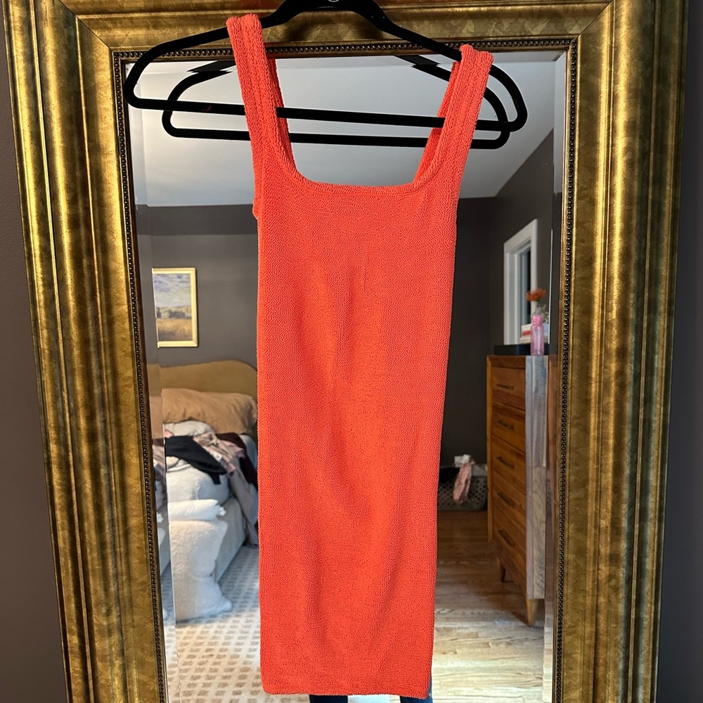 NWOT HUNZA G crinkle tank dress one size hot orange beach / party dress